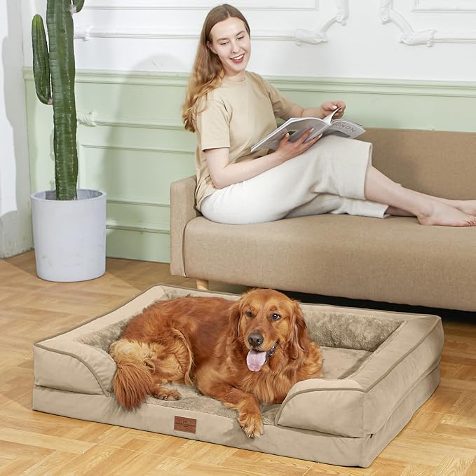 Comfort Expression Orthopedic Dog Bed for Small Dogs 24x16 Inch, Waterproof Supportive Egg Crate Foam Small Pet Bed with Removable Bolster, Dog Couch with Washable Cover & Non-Slip Bottom, Light Brown