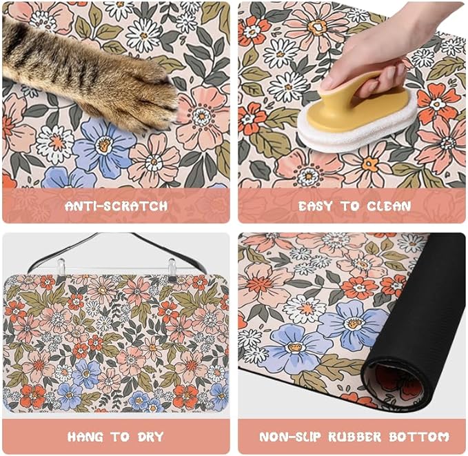 Dog Food Mats for Floors Waterproof, Cat Water Bowl Mats Pet Feeding Absorbent Placemats Flower 24 * 32 inch