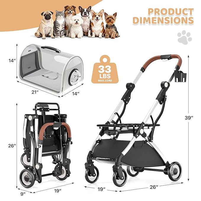 Magshion Dog Stroller with Detachable Carrier, Clear PC Dome Pet Stroller for Small & Medium Dogs & Cats up to 33 lbs, Lightweight Foldable Pet Cart, PU Wheels, Storage Basket & Cup Holder