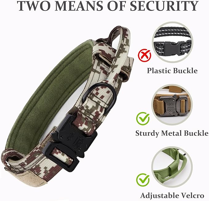 Tactical Dog Collar, Adjustable Military Training Nylon Dog Collar with Control Handle and Heavy Quick-Release Metal Buckle for Small Medium Large Dogs, Camo S