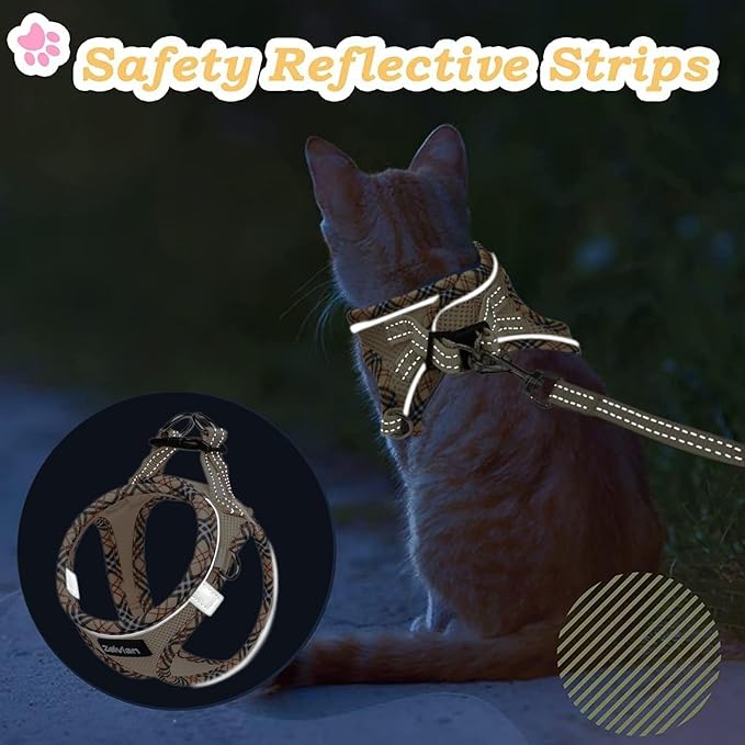 Cat Harness and Leash Set for Walking, Escape Proof Adjustable Soft Mesh Kitten Harness with Reflective Strips, Breathable No-Choke Pet Vest for Small Cats or Puppies(Beige,XS)