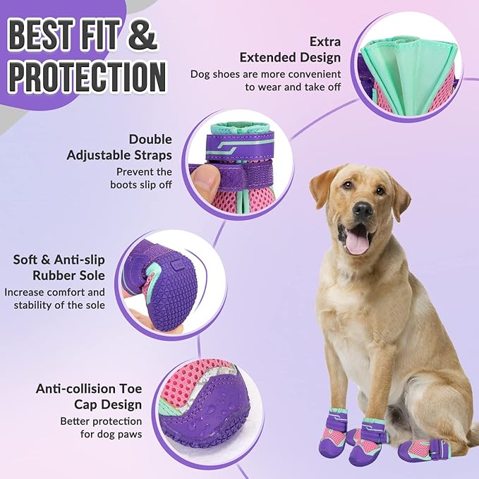 SlowTon Dog Shoes for Large Small Medium Dogs - Breathable Dog Boots for Summer Hot Pavement, Paw Protector for Outdoor Walking Winter Snow, Anti-Slip Rubber Dog Booties for Hardwood Floor (PIPU, 7)