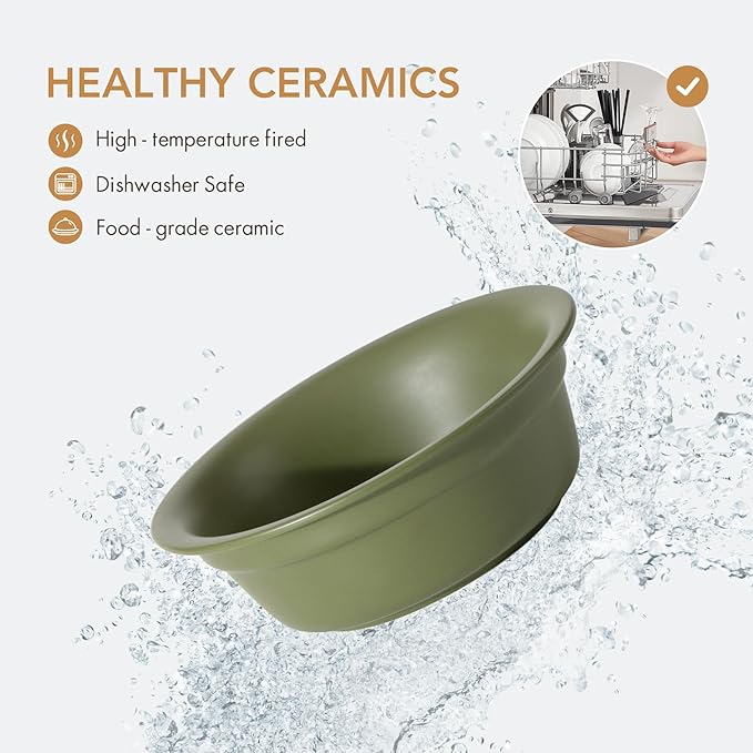 Ceramic 8.7inch Dog Bowl for Large Dogs, Basic 4 Cup Food or 37oz Water Bowl for Replacement, Wide Opening Rounded Edge(Single Bowls, Olive Green)