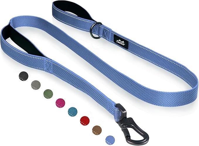 TwoEar 4FT 1IN Strong Dark Blue Dog Leash with 2 Padded Handles, Traffic Handle Extra Control, Comfortable Soft Dual Handle, Auto Lock Hook, Reflective Walking Lead for Small Medium and Large Dogs