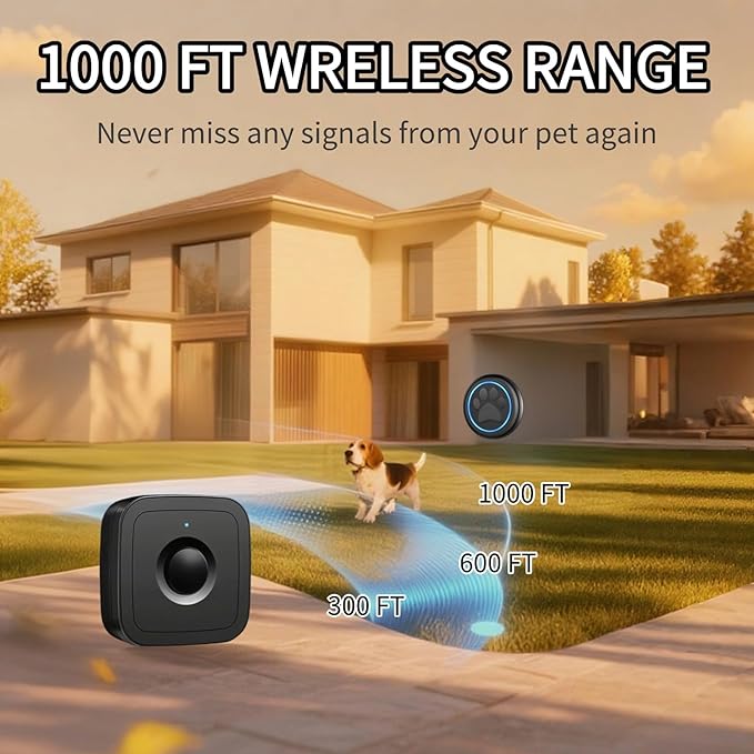 Wireless Dog Doorbell for Potty Training to Go Outside, Waterproof Pet Bell with 1 Touch Buttons and 1 Receiver, 1000 Feet Range, 60 Melodies & Adjustable Volume, Black