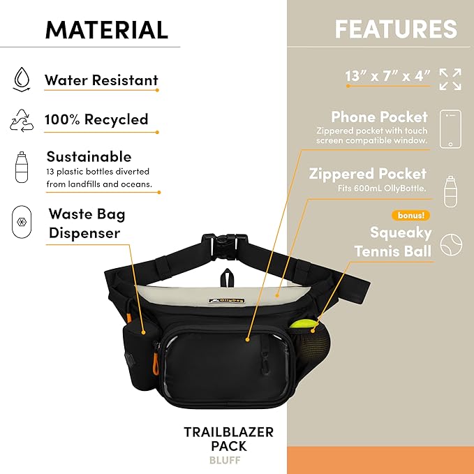 OllyDog Trailblazer Pack | Fanny Pack | Dog Treat Pouch | Includes Rubber Fetch Ball | Water-Resistant | Poop Bag Dispenser | Hands-Free | Dog Walking & Training