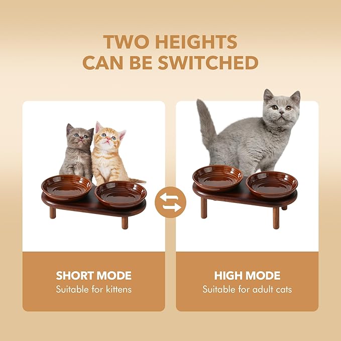 Elevated Ceramic Cat Dish, Wide Whisker Friendly Anti-Slip Food & Water Bowl with 2 Heights Adjustable Acacia Wooden Stand - Pet Bowl Set for Cats (2 Dishes +Stand, Caramel Brown)