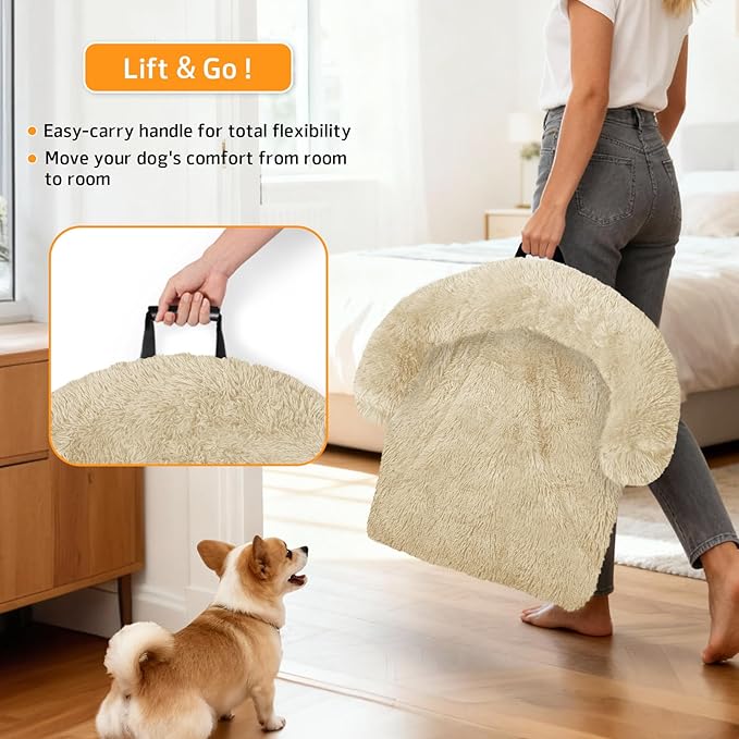 Calming Dog Bed Fluffy Plush Dog Mat for Furniture Protector with Removable Washable Cover for Large Medium Small Dogs and Cats (Medium, Beige)