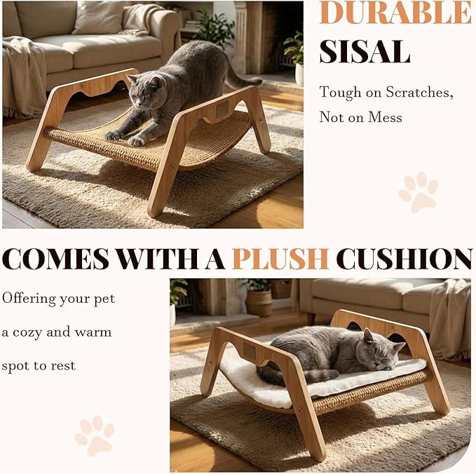 ORDORA 2-in-1 Cat Scratcher Bed, Elevated Wooden Cats Scratch Pad with Plush Mat & Sisal Cat Scratcher for Indoor Cats, Lounger Furniture for Sleeping & Scratching, 23.6"×17.7"