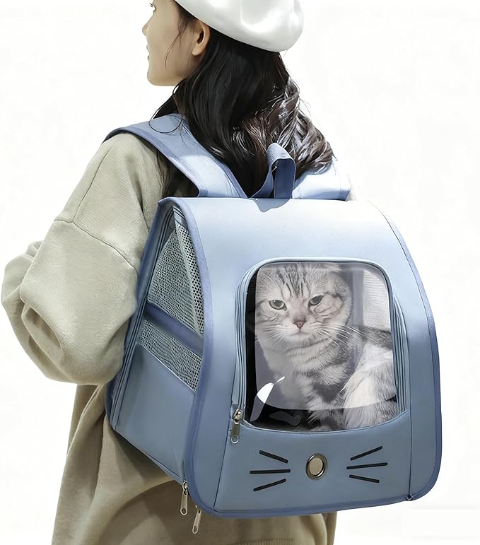 Pet Backpack Carrier, Traveler Breathable Transparent Carrier for Cats or Dogs, Large Space and Foldable Pet Carrier for Travel, Hiking, Shopping, and Vet (Blue)