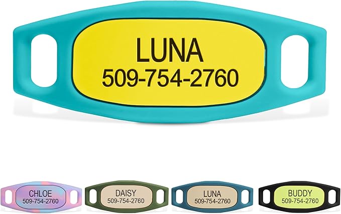 GoTags Active Silent Dog Tag, Personalized Engraved Silicone and Cat Name Pet ID Tags, Soundless Quiet Slide On Nameplate for Collars, No More Jingling Tags (Mango Surf, Small)