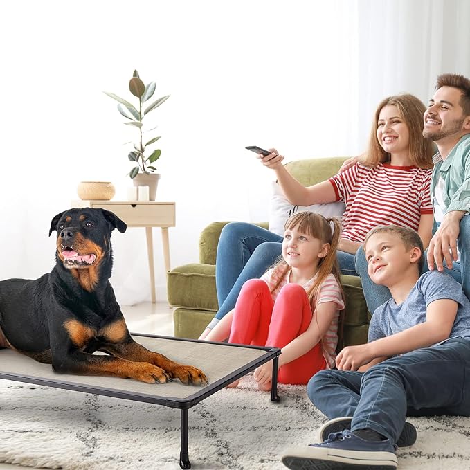 Veehoo Chewproof Elevated Dog Bed - Cooling Raised Pet Cot, Breathable Mesh, Washable & Non-Slip for Large Dogs, Indoor/Outdoor, Beige Coffee Mat and Black Frame, 49x33inches (Model CWC2203A03)