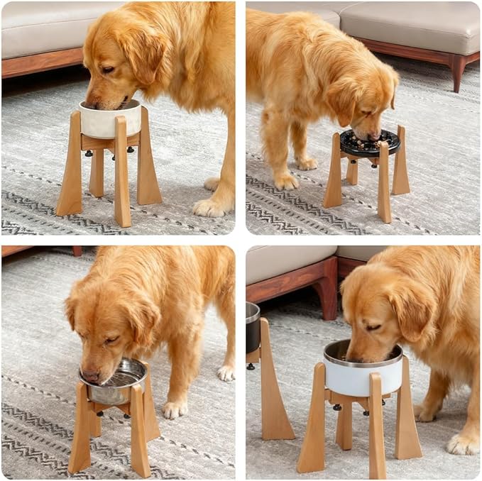Beech Dog Bowl Stand for Medium Large Dogs,Elevated Feeder Large Breeds,Raised Bowl Stand，Adjustable Width for Different Bowls,Feeding Station with Non-Slip Feet (12-inch High with Bowl)
