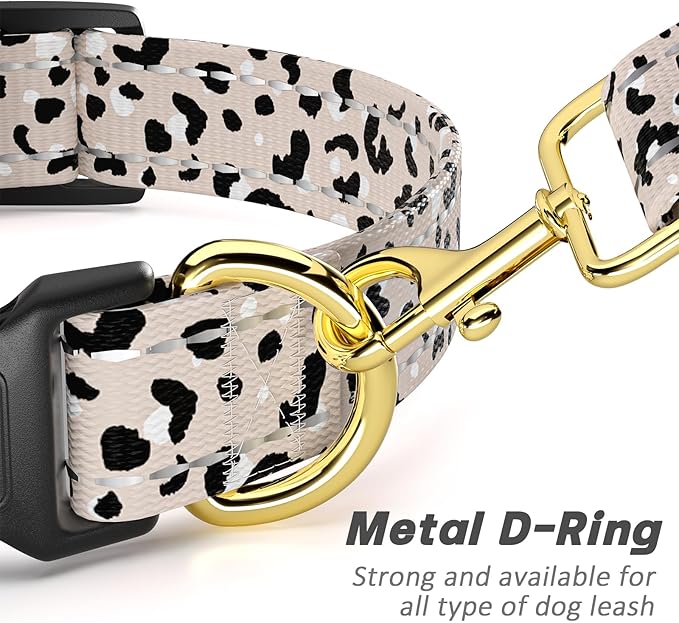 Reflective Dog Collar for Extra Small Dogs, Cute Leopard Style Adjustable Heavy-Duty Nylon Puppy Collar for Boy and Girl Female, Soft Pet Accessories with Quick Release Buckle, Beige