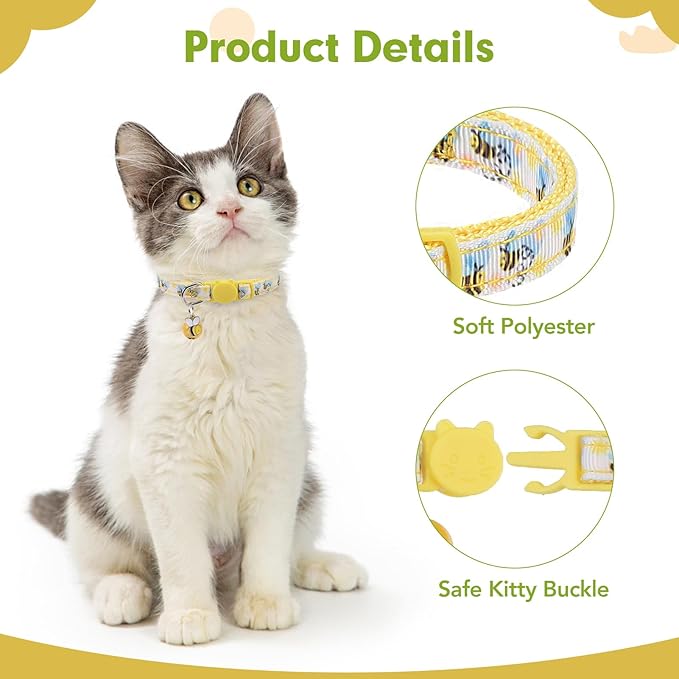 BINGPET Breakaway Cat Collar with Bell, 3 Pack Cat Collars for Girl Cats, Cute Kitty Collars Accessories with Butterfly & Flower & Bee