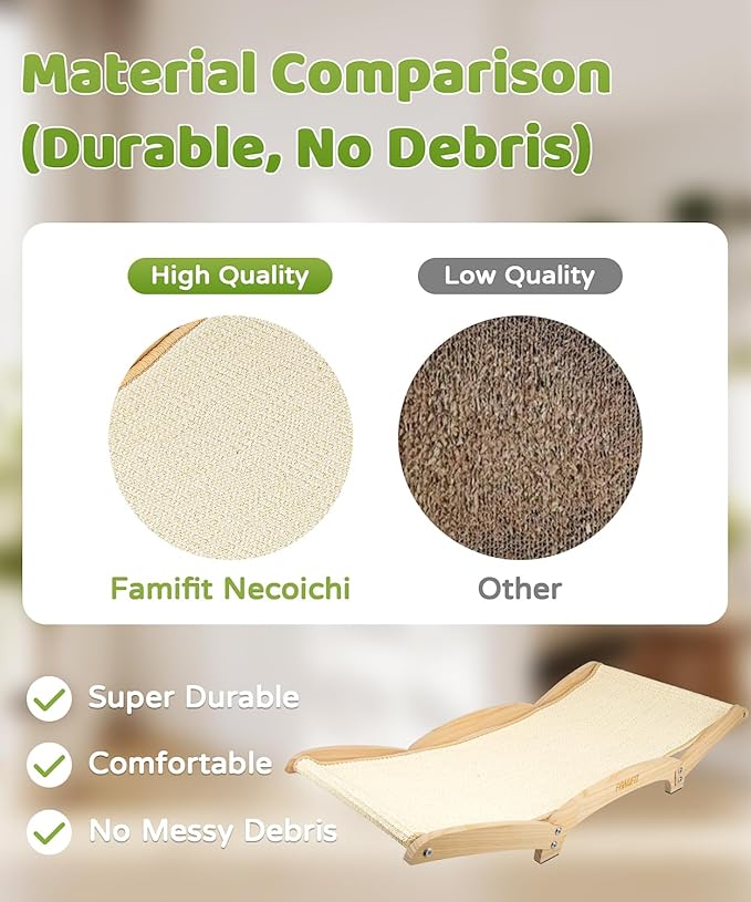 Cat Scratcher Bed with Sisal & Solid Wood Base, Extra Large Cat Scratch Pad for Scratching, Lounging & Sleeping, Stable Anti-Tip Design, Paint-Free & Eco-Safe, Easy Assembly, 34”