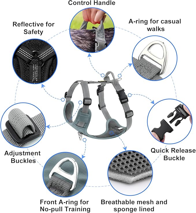 Plutus Pet No Pull Dog Harness, Reflective Adjustable Dog Vest Harness with Handle, Escape Proof, Soft Padded for Small Medium Large Dogs (Gray, XS)