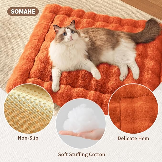 Cat Beds for Indoor Cats Faux Fur Pet Pad Mat Plush Kitten Bed with Non-Slip Bottom for Carriers/Couch Dog & Puppy Friendly 23 x 15 Inch Medium Orange