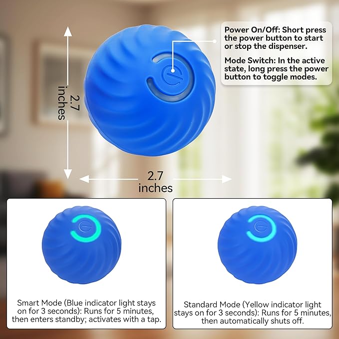 Interactive Dog Toys with Automatic Treat Dispenser, Fun Slow Feeder Interactive Toy for Dogs and Cats, Boosts Mental Stimulation, Reduces Anxiety, Durable Indoor Fun-Blue