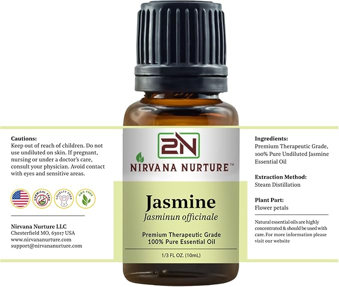 Nirvana Nurture Jasmine Essential Oil 100% Pure Premium Therapeutic Grade, Undiluted - Aromatherapy Diffuser for Calm and Relaxation, Skin Care, Hair Care