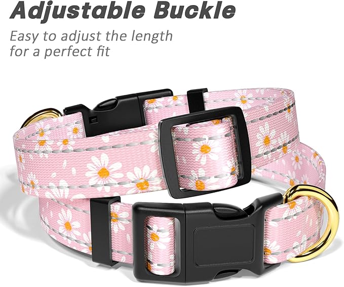 Reflective Dog Collar for Medium Dogs, Cute Daisy Theme Adjustable Heavy-Duty Nylon Puppy Collar for Boy and Girl Female, Soft Pet Accessories with Quick Release Buckle, Neck 14-20", Pink