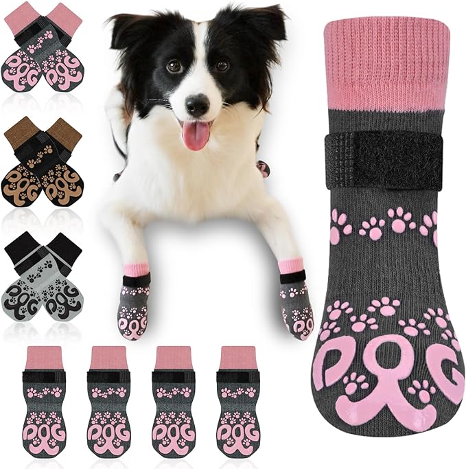 Anti Slip Dog Socks to Prevent Licking Paws - Double Side Dogs Paw Grip Sock for Hardwood Floors, No Twist Dog Booties Grippy Socks for Small Medium Large Senior Dogs, Dark Grey and Pink, XL