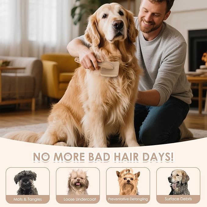 Large Long Pin Slicker Brush & Comb for Poodles, Goldendoodles & Cockapoos, Long Hair Dogs & Cats, Detangler Brush for Shedding & Matted Fur, Ergonomic Wooden Handle, Leather Sleeves. Natural