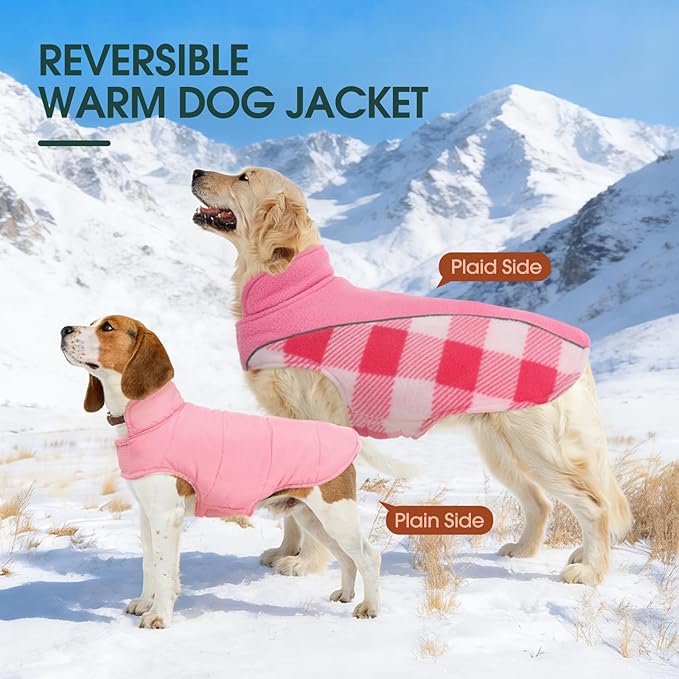 Kuoser Dog Winter Coat, Reversible Waterproof Dog Jacket with Leash Hole, Warm Dogs Fleece Vest Adjustable Doggy Cold Weather Clothes Plaid Christmas Outfit Pet Apparel for Extra Large Dogs, Pink 3XL