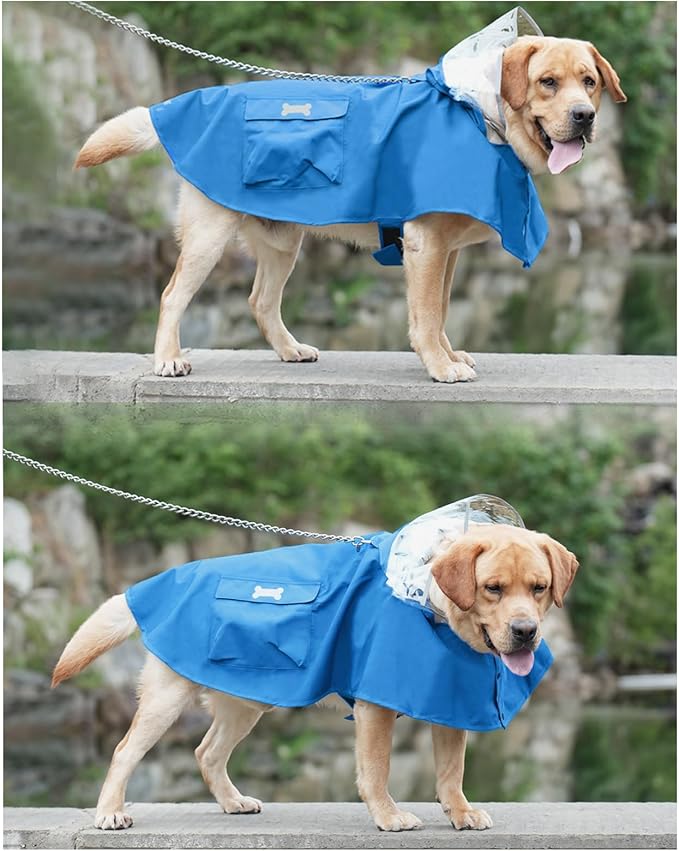 Dog Raincoat Waterproof, Adjustable Reflective Hooded Dog Rain Poncho with Leash Hole for Small Medium Large Dogs (Blue, Small)