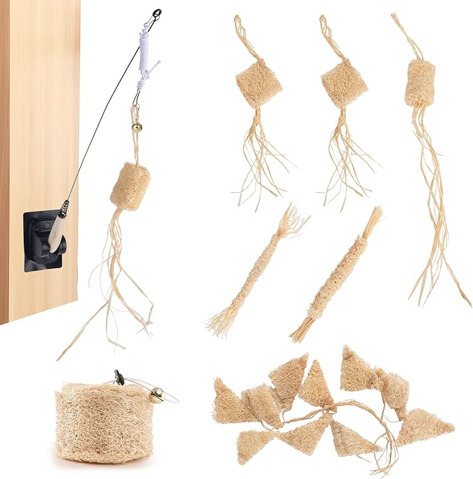 Natural Loofah Raffia Cat Chew Toy-7pcs Handmade Gum Massage Teether w/ Cat Wand Toy, Kitten Chew Stick, Interactive Teeth Cleaning Toys for Aggressive Chewers, Safe Kitten Bite Relief & Stress Relief