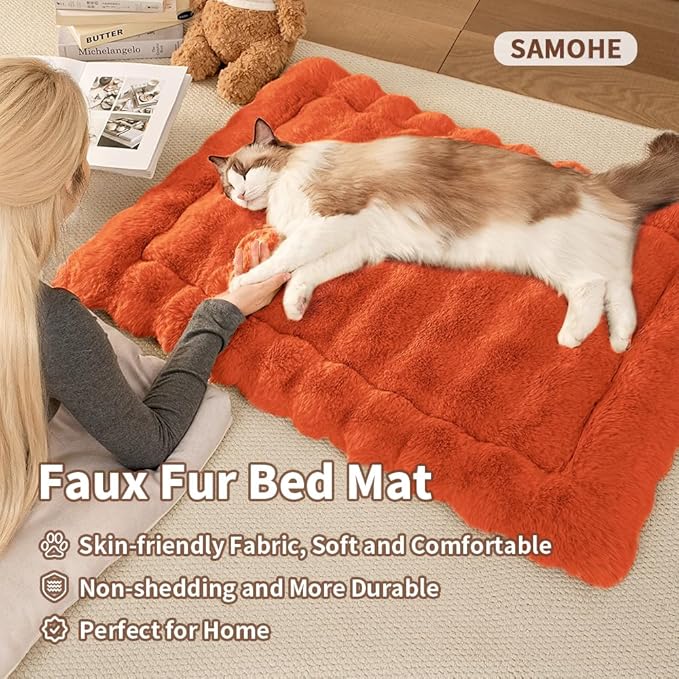Cat Beds for Indoor Cats Faux Fur Pet Pad Mat Plush Kitten Bed with Non-Slip Bottom for Carriers/Couch Dog & Puppy Friendly 23 x 15 Inch Medium Orange