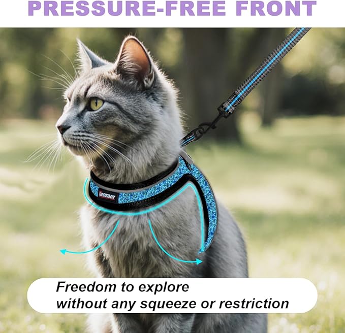 Cat Harness and Leash Set,Escape Proof Kitten Harness,Step in Adjustable Soft Lightweight,Easy Control,Reflective Strips Comfortable for Walking Travel(Blue/Black,XXS)