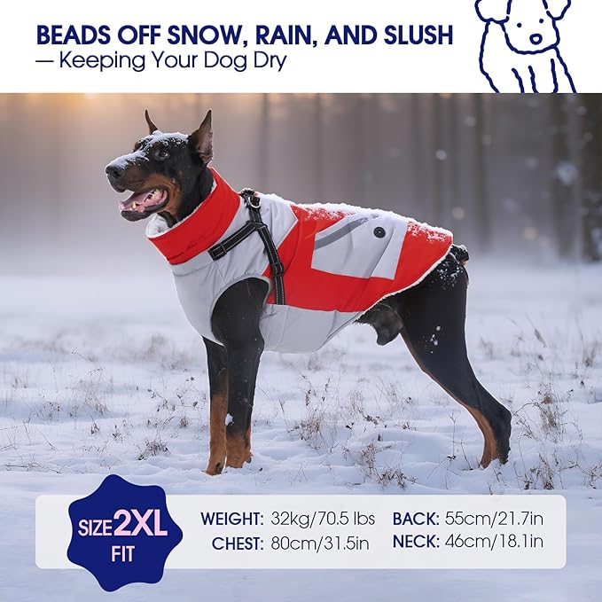 FUAMEY Dog Winter Jackets for Medium Dogs,Dog Coat with Harness Built in,Waterproof Dogs Snowsuits Warm Pet Jacket Zip Up Fleece Cold Weather Coats Reflective Puppy Vest with Pocket Red M
