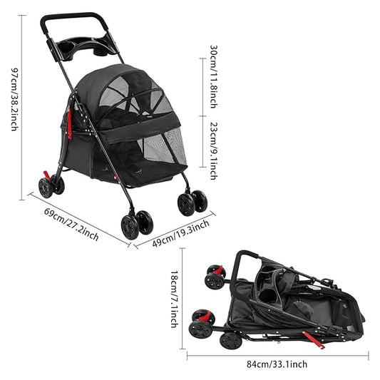 Foldable Pet Stroller Cart for Small Medium Dogs Cats, 40lbs Capacity Pet Travel Cart with 360° Swivel Front Wheels, Breathable Mesh Travel Pet Carrier with Cup Holder(Black)