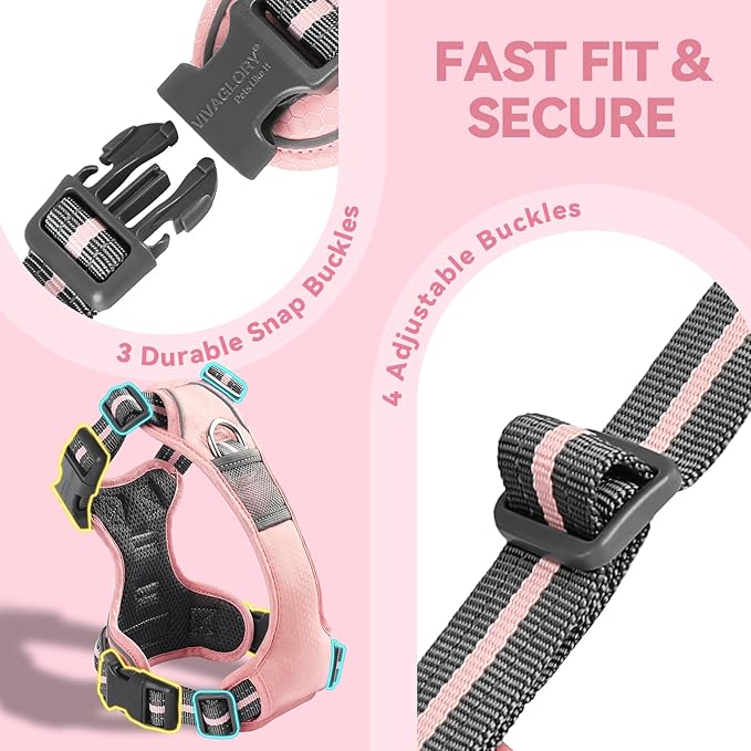 VIVAGLORY Dog Harness Easewalk No Pull Dog Harness with Handle & Front Back Clip for Training Lifting, Easy On Adjustable Padded No Pull for Pet & Puppy, L, Sakura Pink