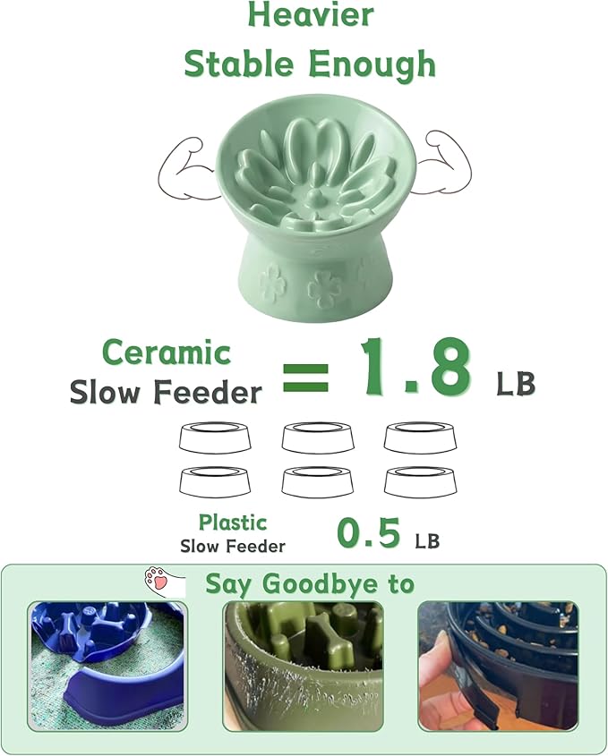 TRUVIC Ceramic Slow Feeder Cat Bowl, Elevated Cat Wet Food Bowl Tilted Design, Raised Slow Feeder Dog Bowl no Black Chin, Four-Leaf Clover Shape for Dry and Wet Food, Green