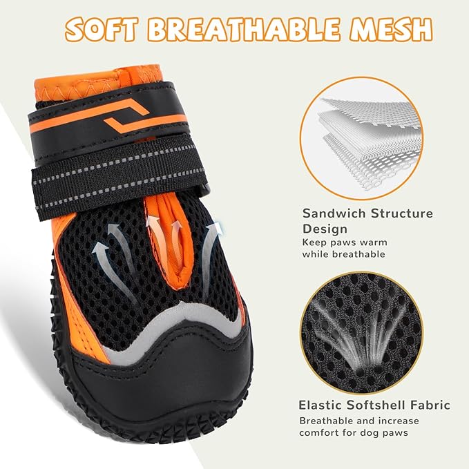 Dog Shoes for Hot Pavement,Dog Boots & Paw Protectors for Large Medium Size Dogs to Prevent Licking,Dog Booties with Reflective for Outdoor,Hiking,Hardwood Floors,Winter Snow(Black Orange,Size4)