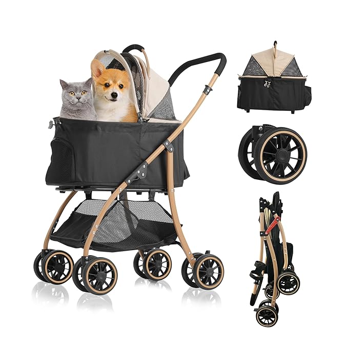 MILA&LOUIS Pet Stroller with 4 Pu Wheels, 4.5kg Ultra-Light Dog&Cat Stroller for Multiple Small Pets & Medium, Max 44Lbs Capacity Detachable & Foldable Design with Cup Holder Ideal for Walks and Trips