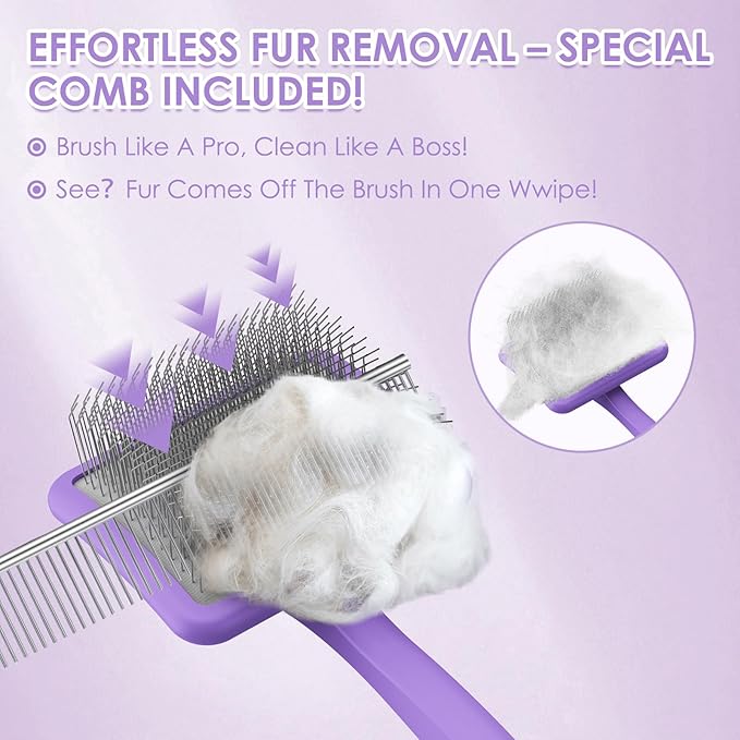 Large Long Pin Slicker Brush & Comb for Poodles, Goldendoodles & Cockapoos, Long Hair Dogs & Cats, Detangler Brush for Shedding & Matted Fur, Ergonomic Wooden Handle, Leather Sleeves. Purple