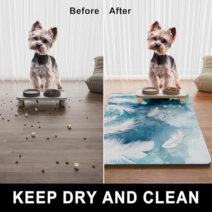 Dog Food Mat, 16" x 24" Absorbent Dog Cat Bowl Mat for Food and Water, Cute Anti-Slip Rubber Pet Feeding Rug Protect Floors, Washable Placemat for Feeding & Watering Supplies, Feather