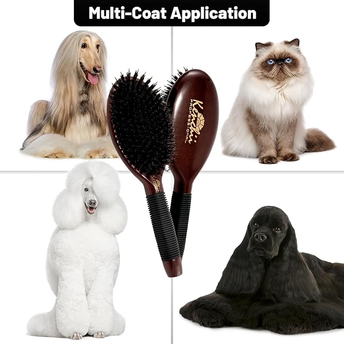 Kenchii Boar and Nylon Bristle Brush for Dog and Cat, Professional Grooming Brush with Maple Body, Lightweight, Non-Slip Rubber (Large)