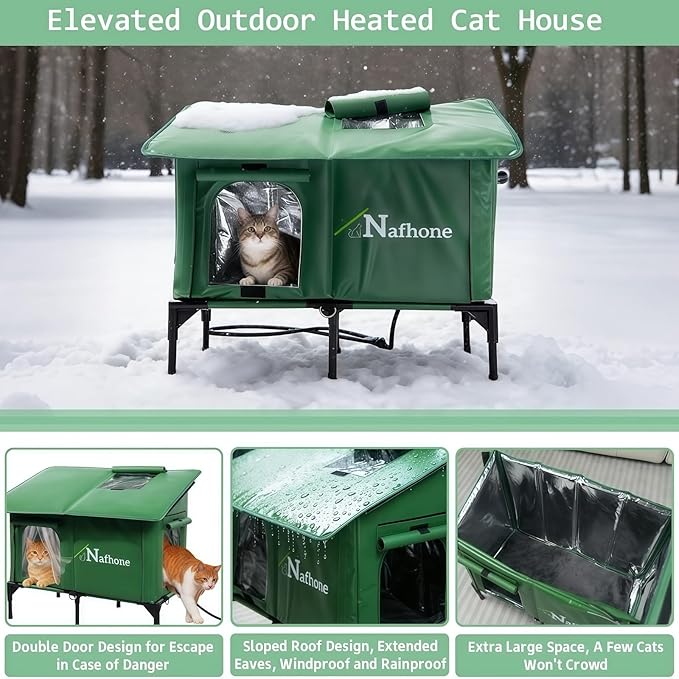 Heated Cat House for Outside, Large Size Insulated Weatherproof Outdoor Cat House for Winter, Cat Shelter with Heating Pad & Escape Door for Feral Stray Barn Cat Kitty Dog Puppy (28.6"x14.2"x23.6")