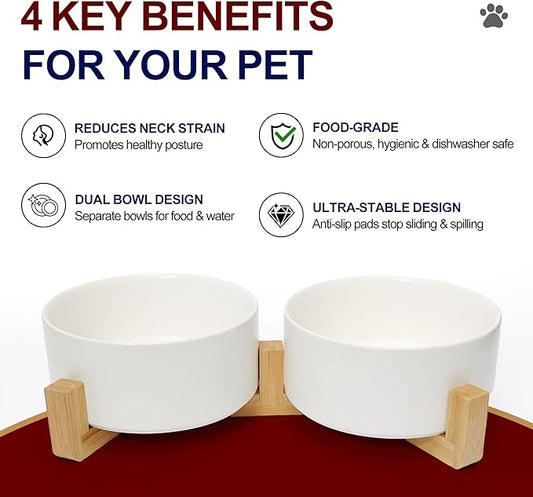 OniAnt Dog Food Bowl, 13.5 oz Ceramic Modern Design, Dog Water and Food Bowl with Wood Stand, for Puppy & Cat, Non-Slip Feeding Station with Weighted Base, White