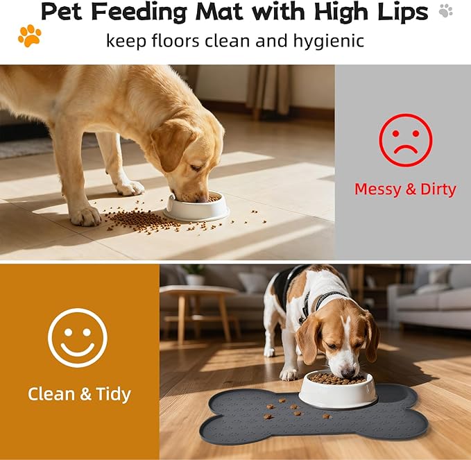 Dog Food Mat Anti-Slip Silicone Bowl Mats for Food and Water, Thicker Pet Placemat Waterproof Cat Feeder Pad with High-Lips Prevent Messy Spills to Floor Suitable for Medium and Small Pet