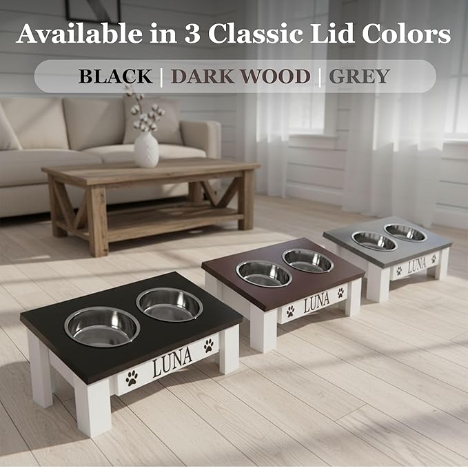 GTW Classic Dog Feeder - Elevated Stand with Stainless Steel Bowls Farmhouse Style, Anti-Slip, Easy Clean, Chic & Durable Design (Tilted, Black)