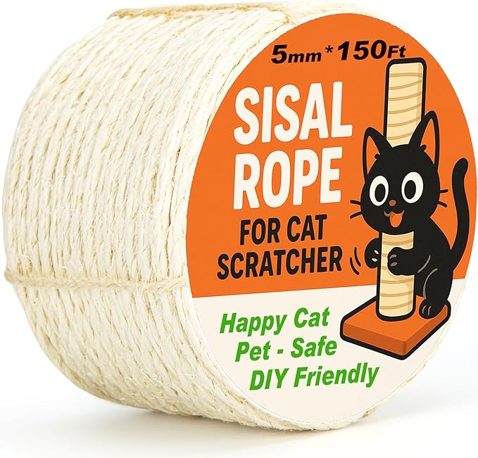 Natural Sisal Rope for Cat Scratcher Tree Thick 5-mm 1/5 Inch by 150 Feet, Cat Tower Climbing Twine for Cat Scratching Post Replacement, Scratch Post Repairing, Replace, Recovering and DIY, White