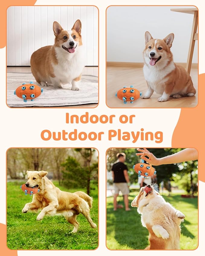 Interactive Dog Toy with Natural Rubber Soccer Design, Dental Care, Pet Energy Relief Brain Teaser Toy, Activity Training Foraging Toy, Mentally Stimulating Slow Feeder Dog Treat Dispenser Orange