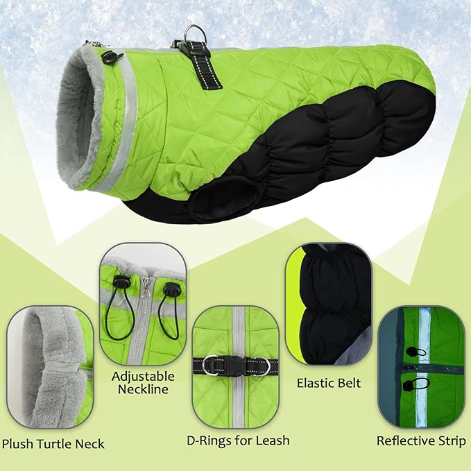 Lelepet Dog Coat Warm Dog Winter Coat Waterproof Dogs Jacket with Harness Built in Reflective Pet Fleece Vest Zip-Up Cold Weather Coats for Medium Dogs Turtleneck & Windproof Coats Dachshund Lime M