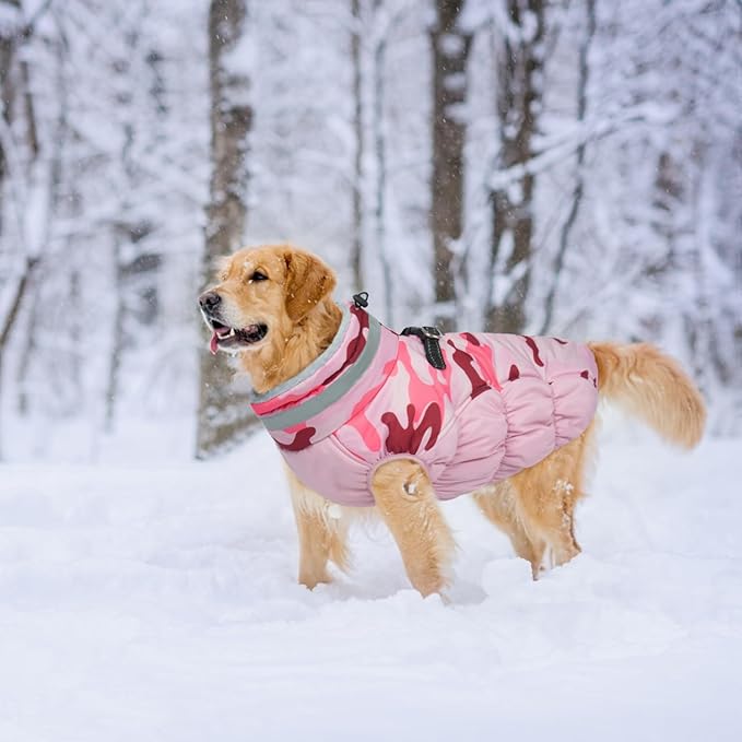 Lelepet Warm Dog Winter Coat Dog Coats for Large Dogs Waterproof Dogs Jacket with Harness Built in Reflective Cold Weather Coats Windproof Zip-Up Winter Fleece Vest Snowsuit Pitbull Pink Camo XXL