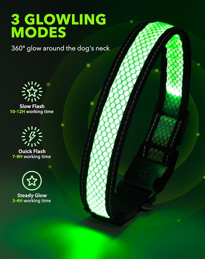 Weesiber Light Up Dog Collar - Glow in The Dark LED Dog Collar Rechargeable Reflective Pet Collar, Safety Doggy Lights for Night Walking(Green, L)